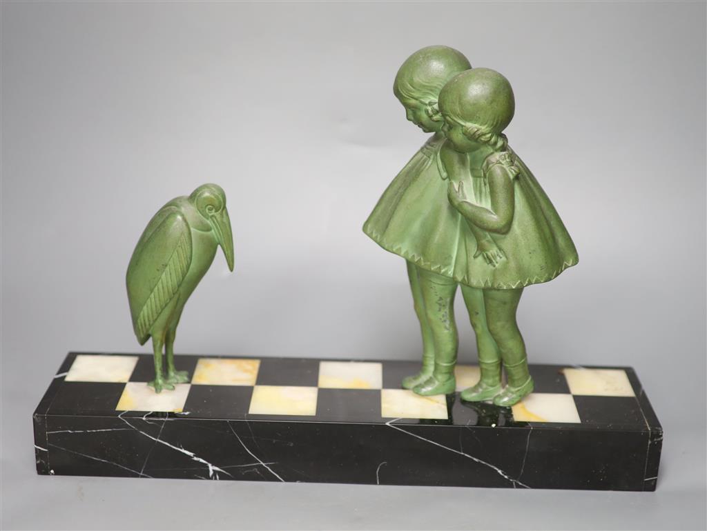 After Dimitre Chiparus (1889-1947), green-patinated spelter figure of two girls fascinated by a Marabou stork